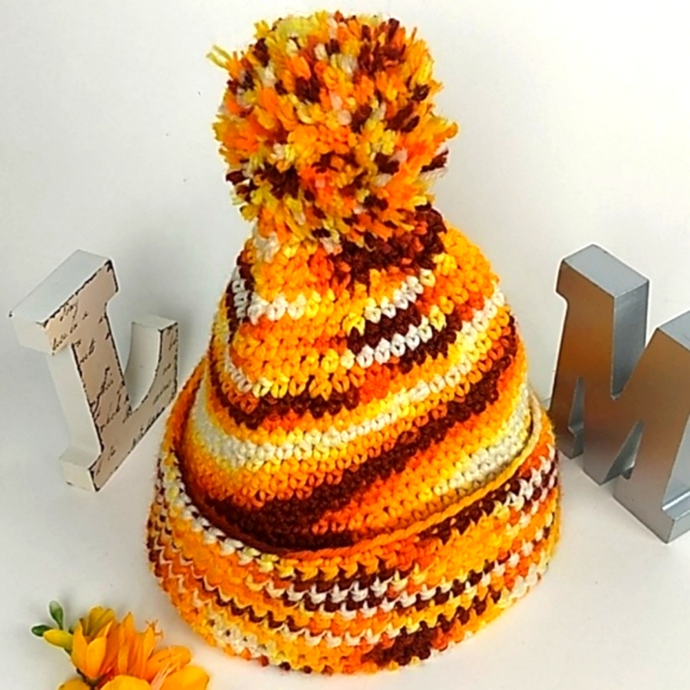 Hand-knit Pom hat, Unique! OSFM Adult, unisex